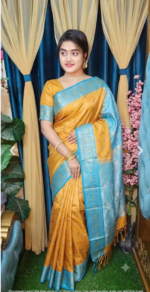 Dual-Tone Metallic Golden & Sky Blue Soft Katan Silk Saree with Rich Zari Work